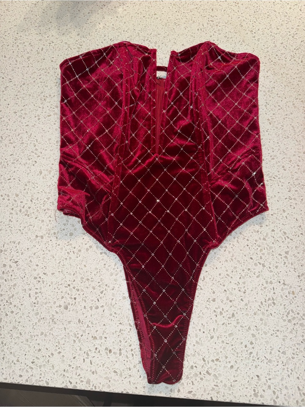 Red Velvet Rhinestone Grid Bodysuit